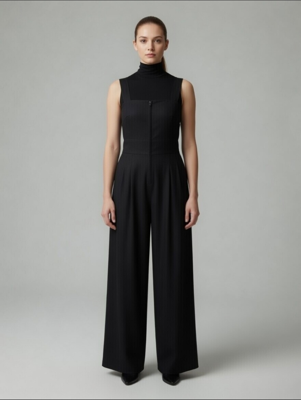 Sleeveless Black Wide-Leg Zip-Front Jumpsuit